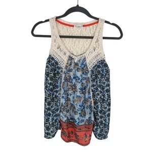 Clover + Scout Womens XS Mixed Media Lace Boho Floral Tank Top Blue Orange